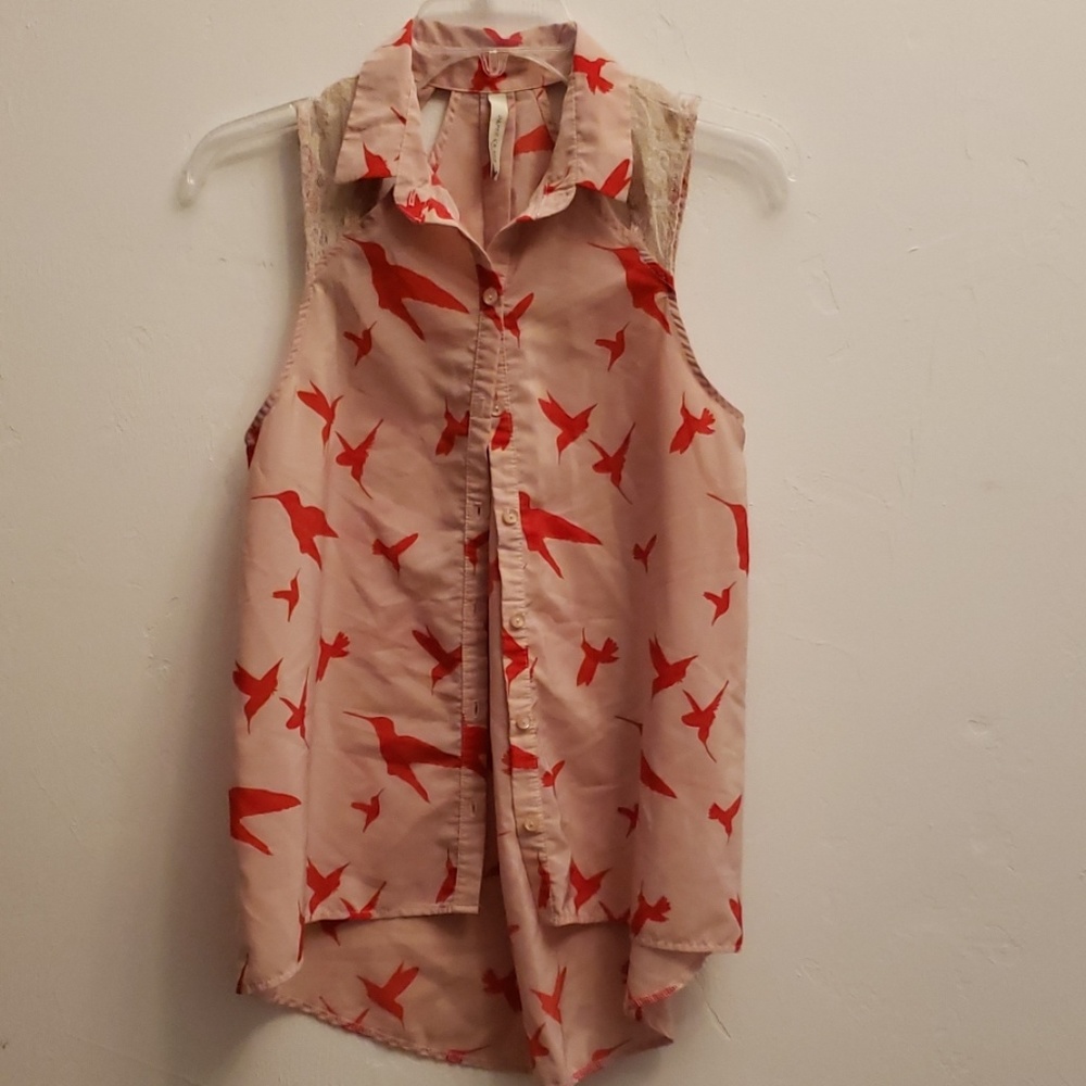 Anthropologie Paper Crane button up lace inset top